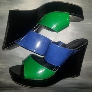 Westies Wedge Heels Blue, Green, Black